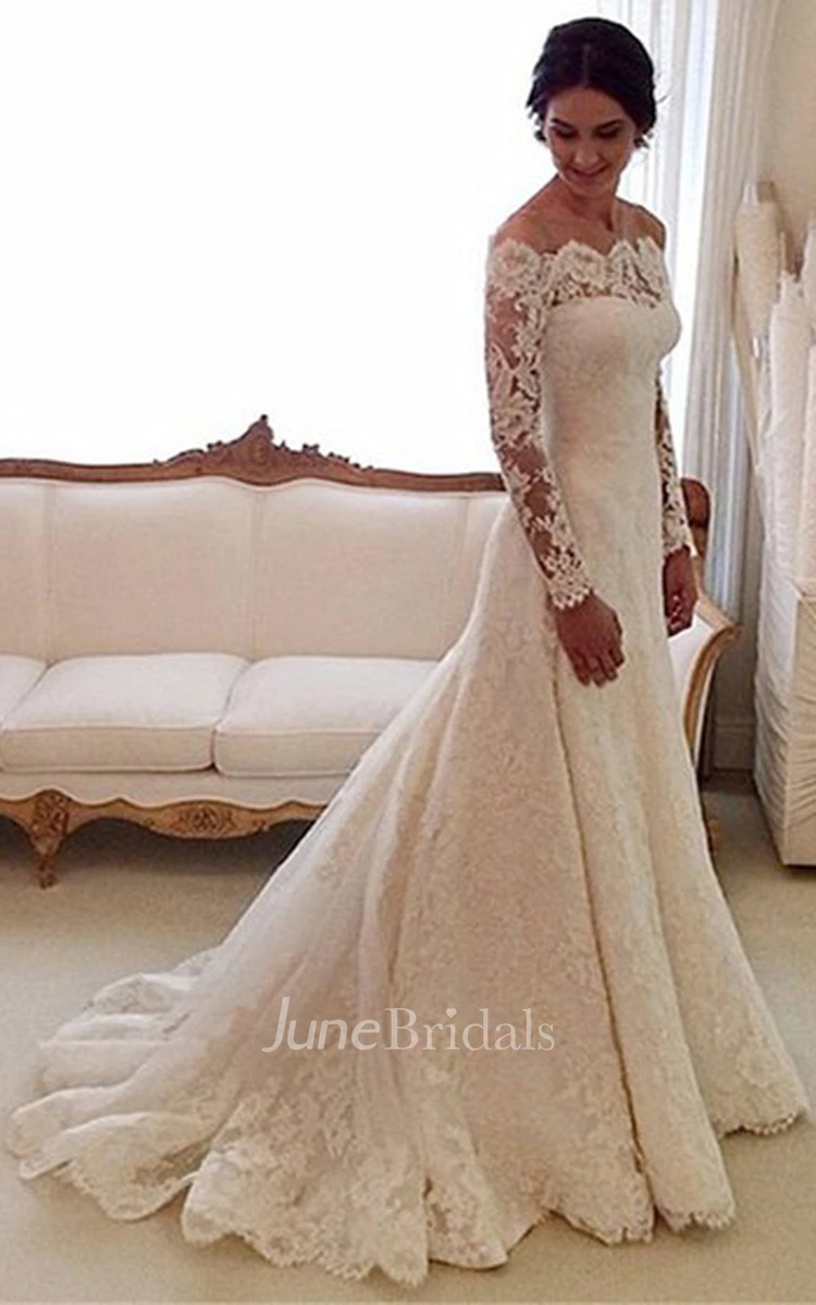 Off the shoulder lace sleeve wedding dress best sale