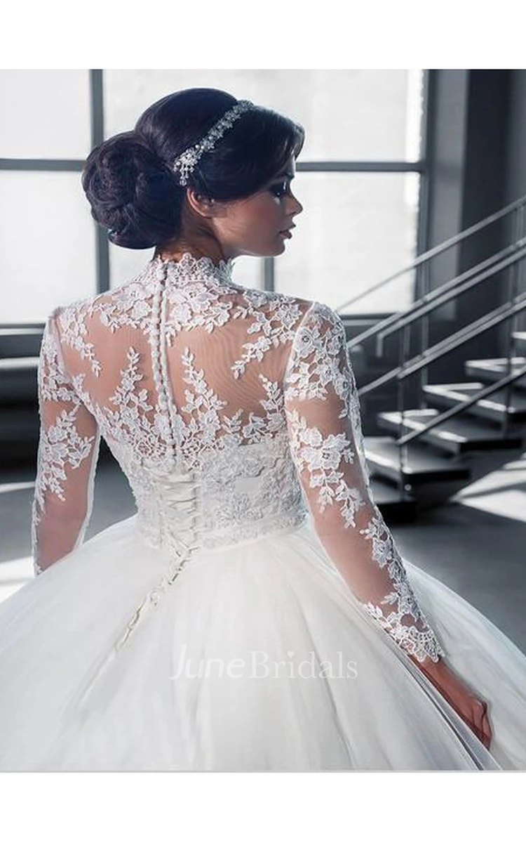 Modern High Neck Lace Appliques Wedding Dress Ball Gown Long Sleeve