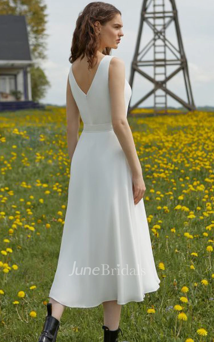 Vintage Chiffon Sleeveless Tea-length A Line V-neck Wedding Dress with Split Front