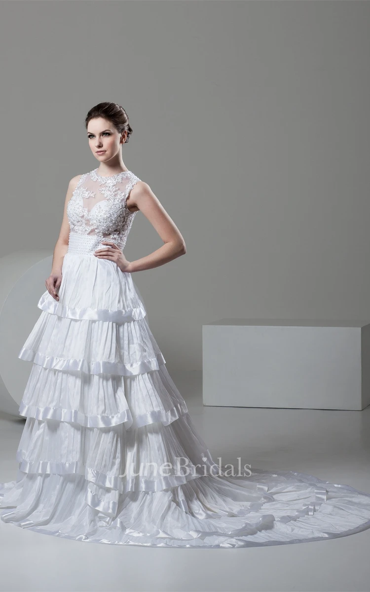 Sleeveless Tiered A-Line Gown with Appliques and Illusion Top