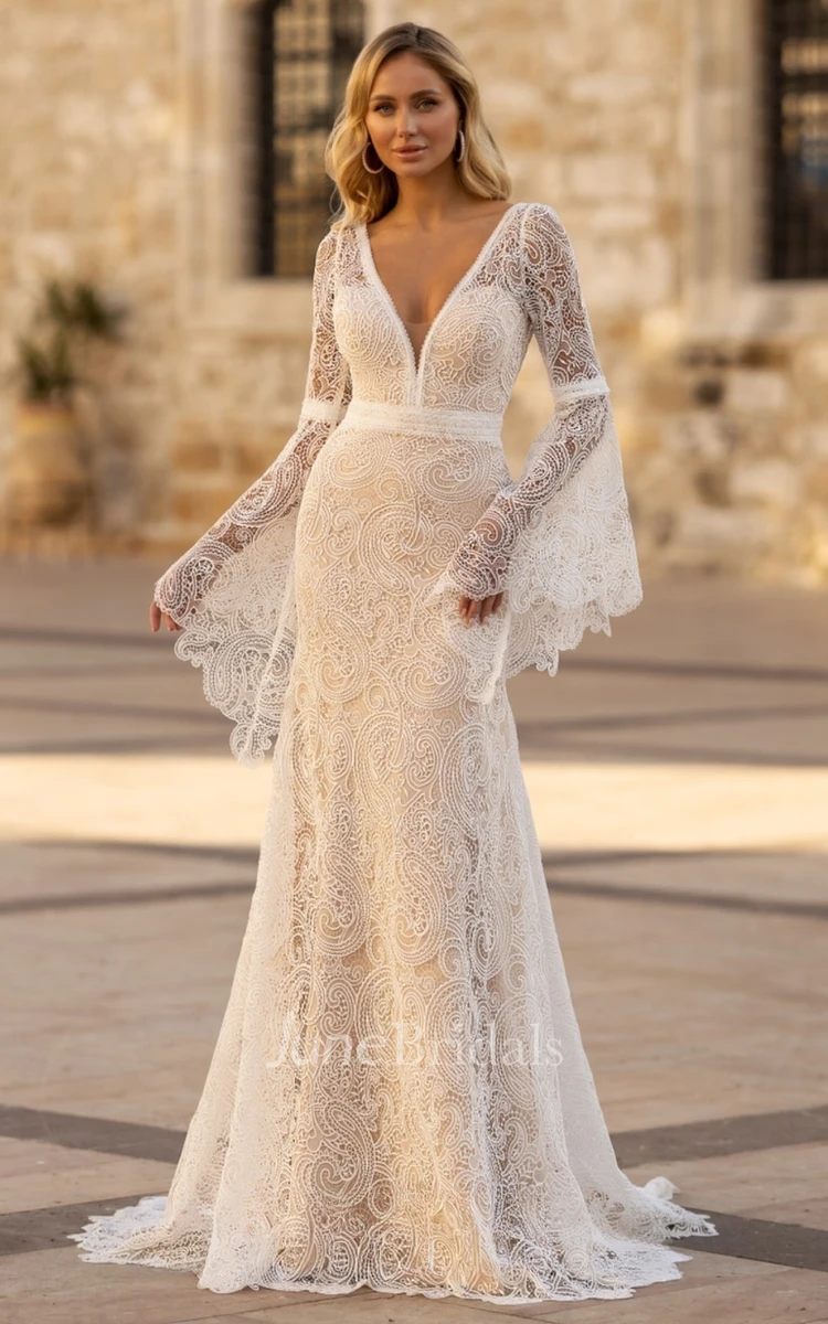 Vintage Lace V-Neck Sculpted Lace Wedding Dress with Long Sleeve Sheath Back