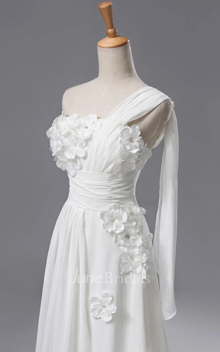Newest One Shoulder Flowers Wedding Dress A-line Chiffon