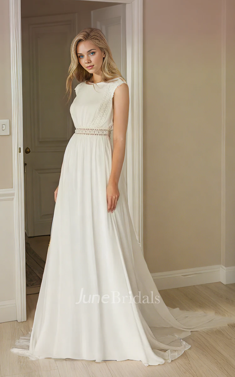 Bohemian Modest A-Line Jewel Neck Chiffon Lace Wedding Dress Vintage Elegant Sleeveless Floor-length with Draping Train Button Illusion Back Bridal Gown