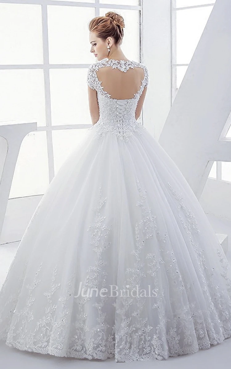 Queen Anne Elegant Lace Bridal Ball Gown With Corset And Keyhole Back