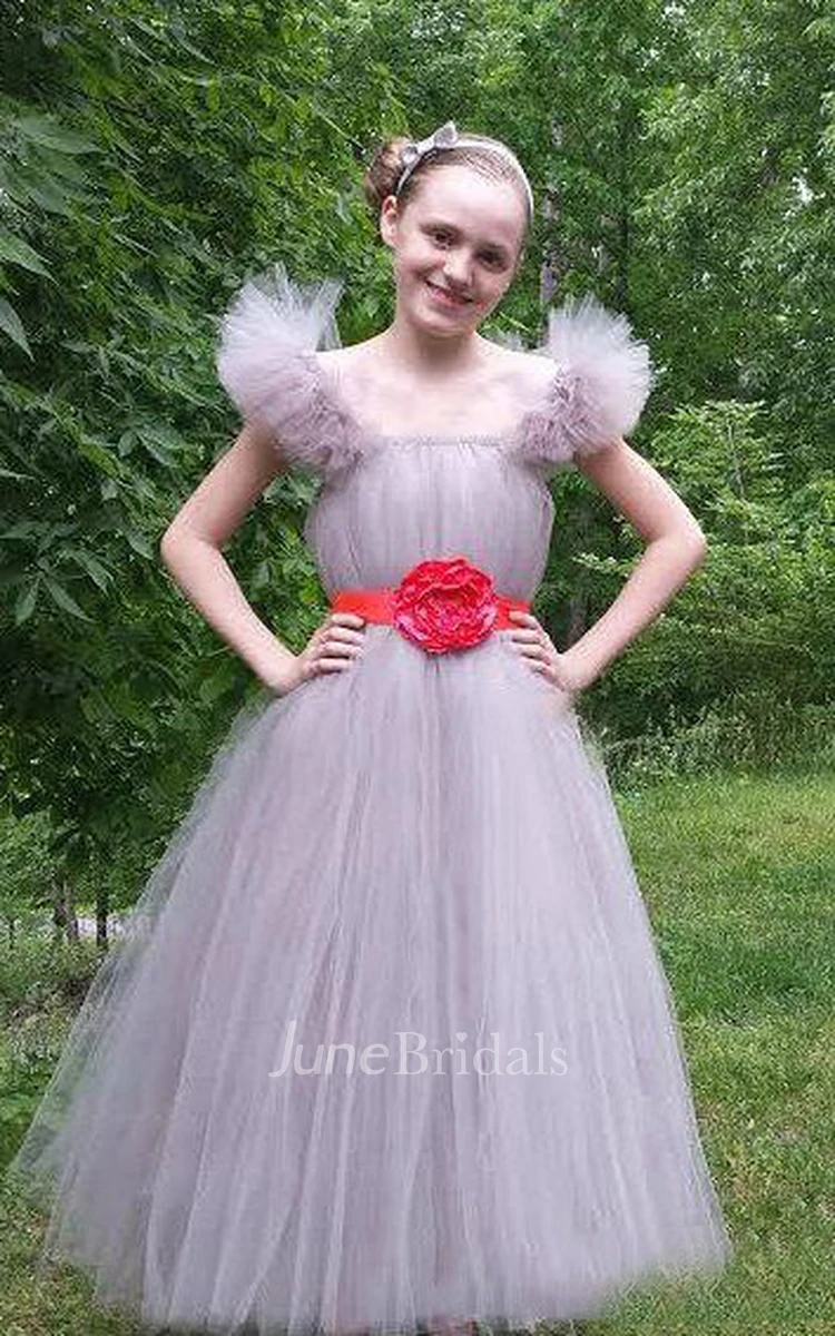 Special Ruffled Cap Sleeve Tulle Dress With Flower