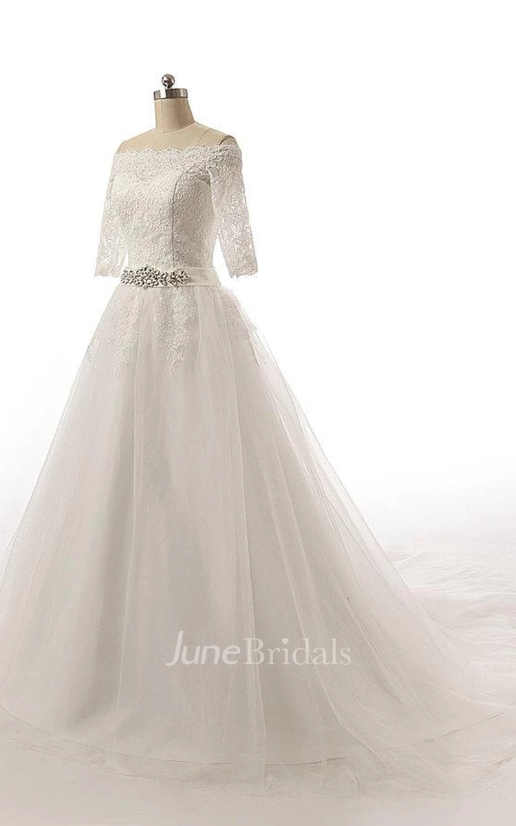 Ball Gown Half Sleeve Tulle Dress With Appliques And Waist Jewellery