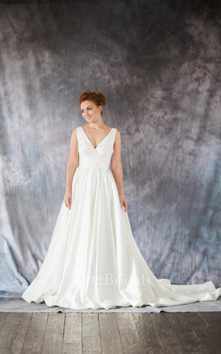 V-Neck Sleeveless A-Line Satin Wedding Dress With Pleats