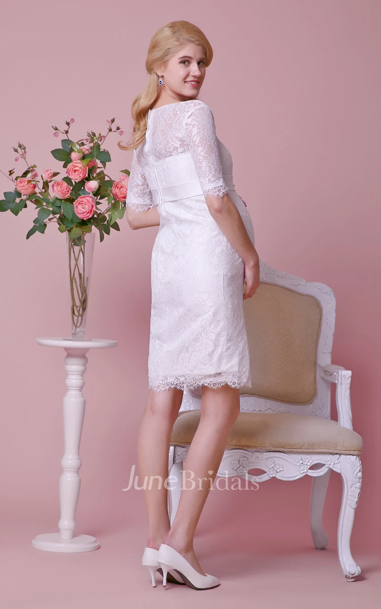 High Neck Allover Lace Knee Length Maternity Wedding Dress With Sash and Half Sleeves