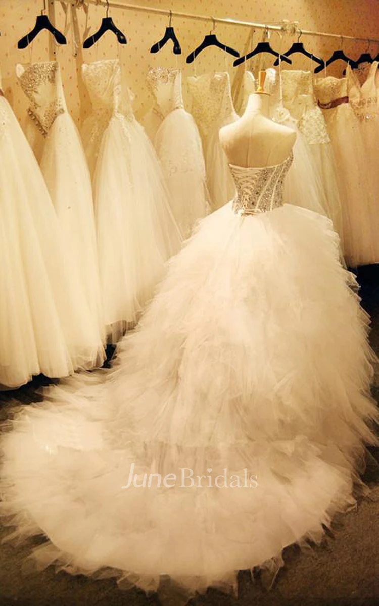 Newest Crystals Ruffles Wedding Dress Sweetheart Sleeveless Lace-up
