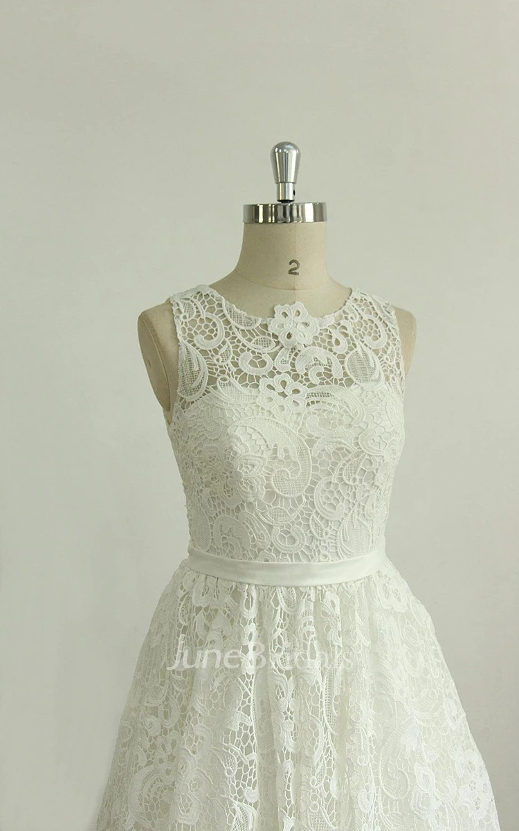 A-Line Tea-Length Lace Organza Weddig Dress