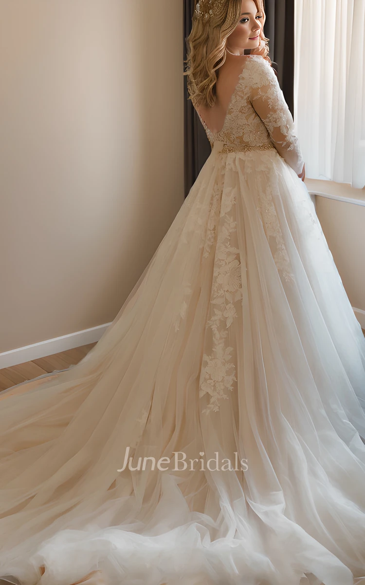 Elegant Sexy Floor Plus Size Brush Train Long Sleeve Tulle A Line Deep-V Back Wedding Dress