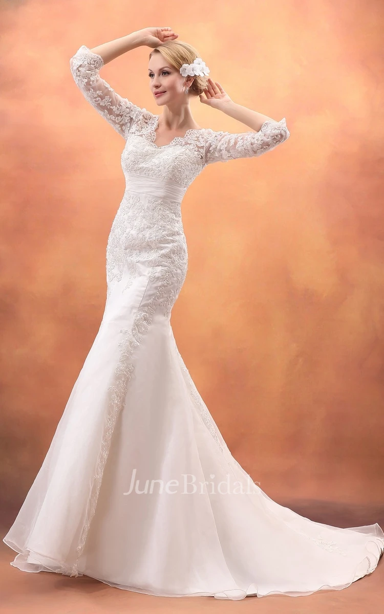 3 4 Sleeved Trumpet Gown With Lace Illusion Bodice