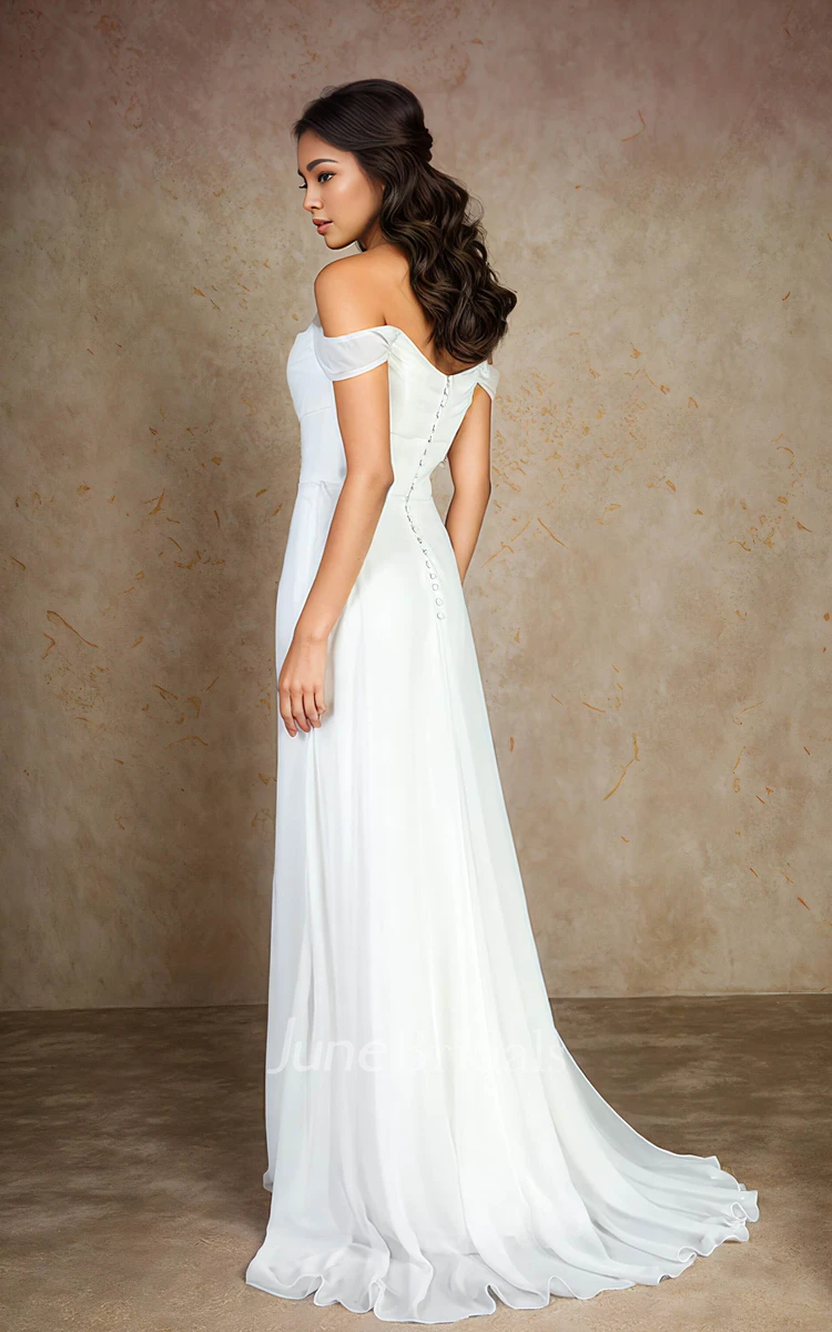 Solid Simple Off-the-shoulder Sheath Chiffon Wedding Dress Beach Plus Size Floor-length Sleeveless Backless Bridal Gown with Button Back Brush Train