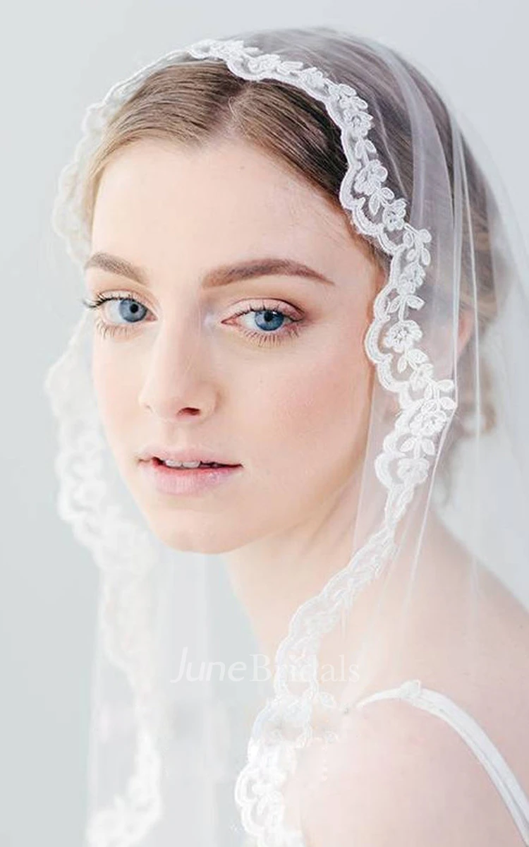 Ethereal Soft Tulle Wedding Veil with Lace Applique