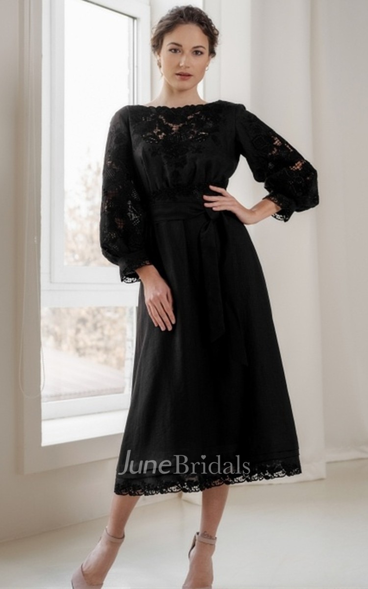 Black long sleeve hot sale tea length dress