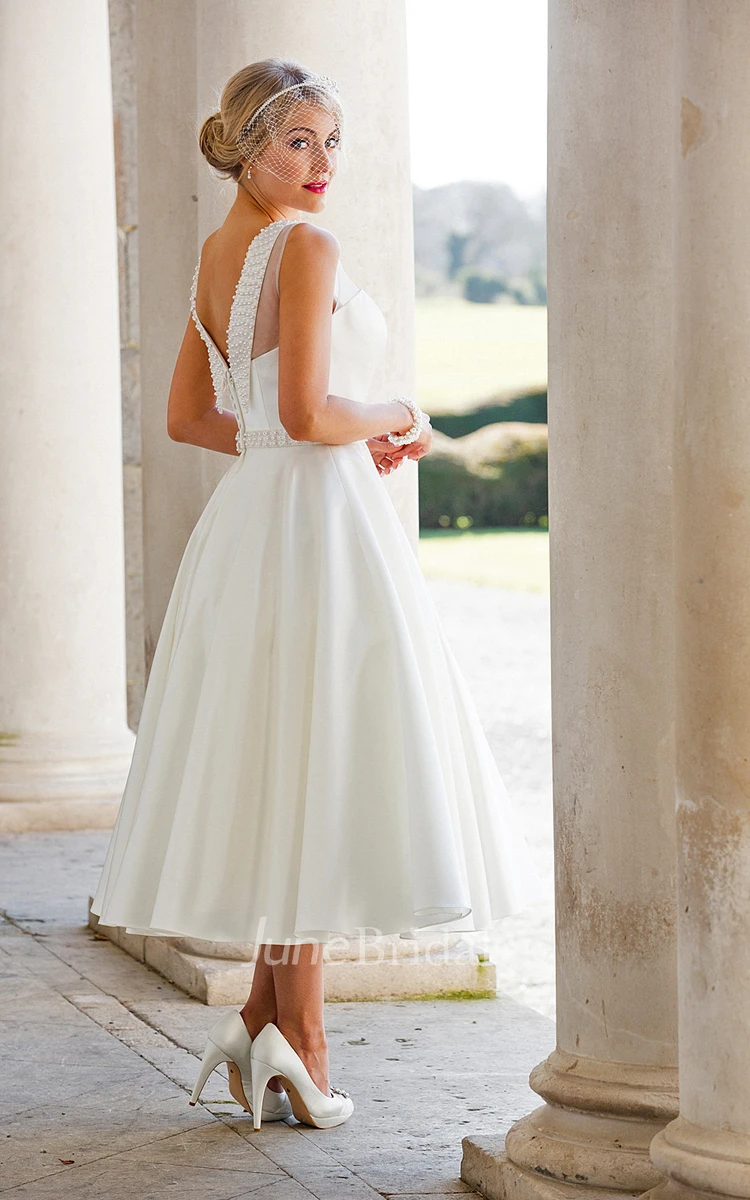 A-Line Tea-Length Sleeveless Jeweled Scoop Neck Satin Wedding Dress