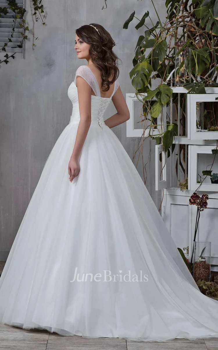 Cap-Sleeve Sweetheart Criss-Cross Tulle Ball Gown With Beading And Corset Back