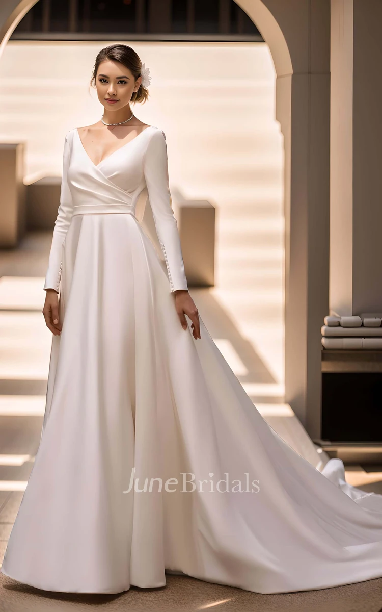 Simple Solid Satin A-Line Long Sleeve V-neck Wedding Dress Vintage Elegant Court Floor-length Button Deep-V Back Bridal Gown with Sash Train