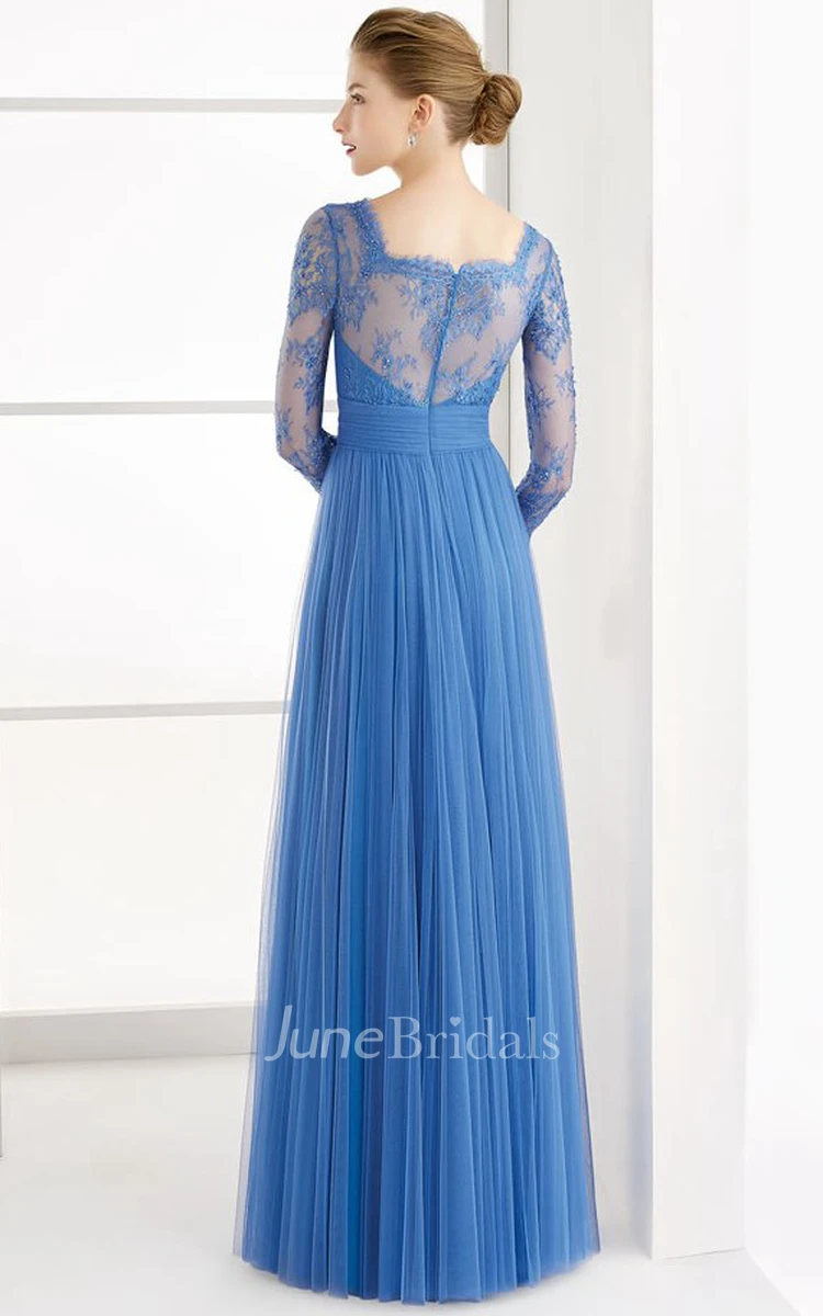 V-neck Illusion Long Sleeve Tulle Dress With Lace Appliques