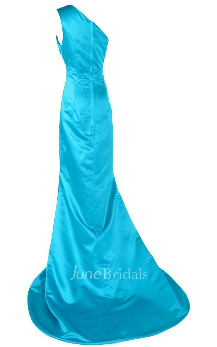 One-shoulder Long Satin Dress With Beaded Neckline
