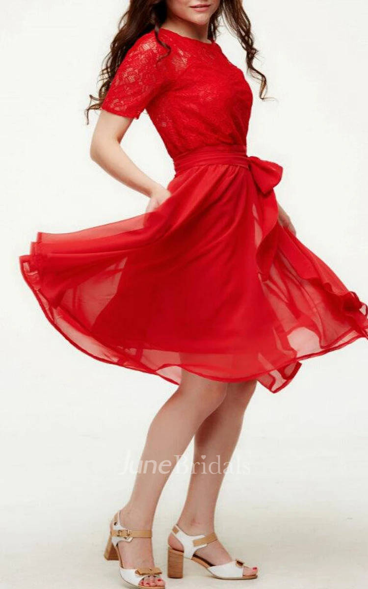 Romantic Red Bridesmaid Chiffon Lace Cocktail Flared Short Sleeve Dress