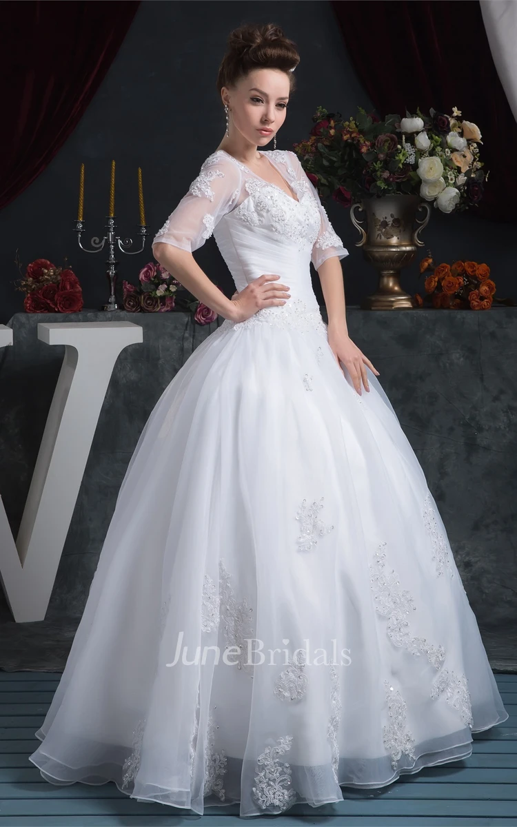 V-Neck Appliqued A-Line Gown with Ruching and Illusion Half Sleeve