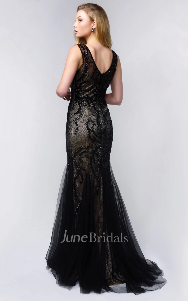 Trumpet Jeweled Scoop-Neck Sleeveless Lace Tulle Low-V-Back Dress