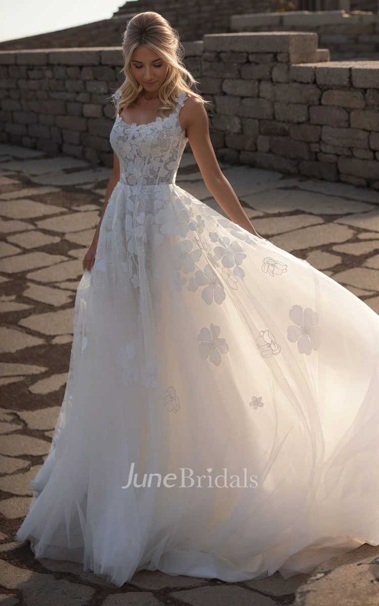 Elegant Floral Lace A-line Beach Wedding Dress Sleeveless Straps Tulle Train Gown