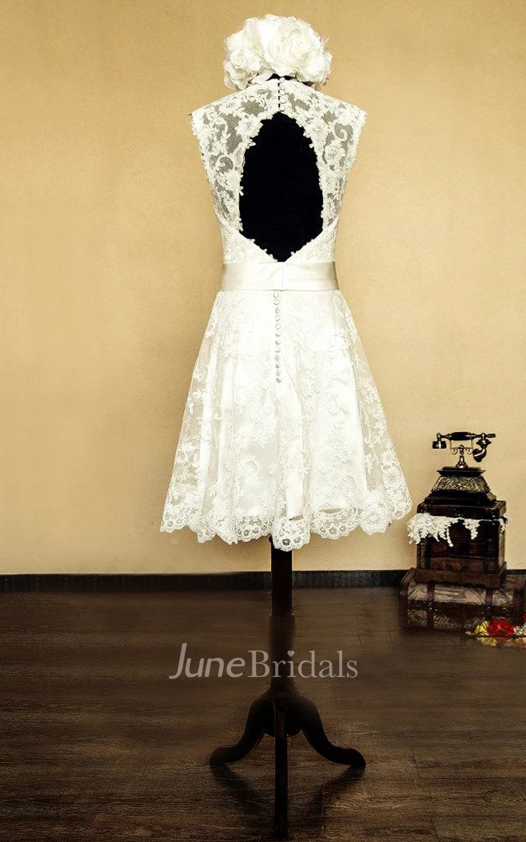 V-Neck Sleeveless Keyhole Back Short Lace Wedding Dress With Bow And Flower