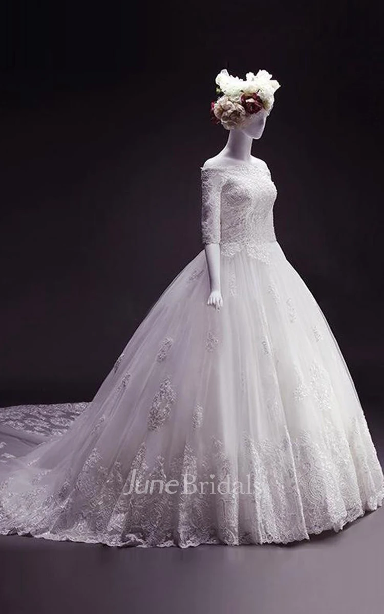 Ball Gown Tea-Length Off-The-Shoulder Half Sleeve Appliques Court Train Lace Dress