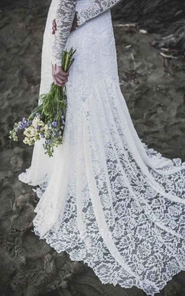 Long Sleeve Sexy A-line Lace Wedding Dress With V-neck And Keyhole