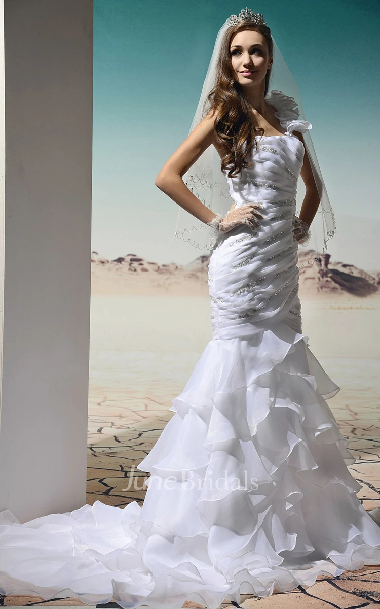 One-Shoulder Ruched Mermaid Dress With Beading and Ruffles