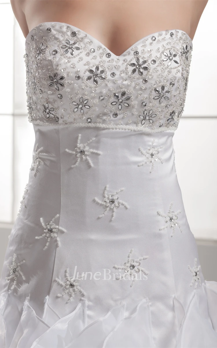 Strapless A-Line Appliqued Gown with Jewels and Ruffles