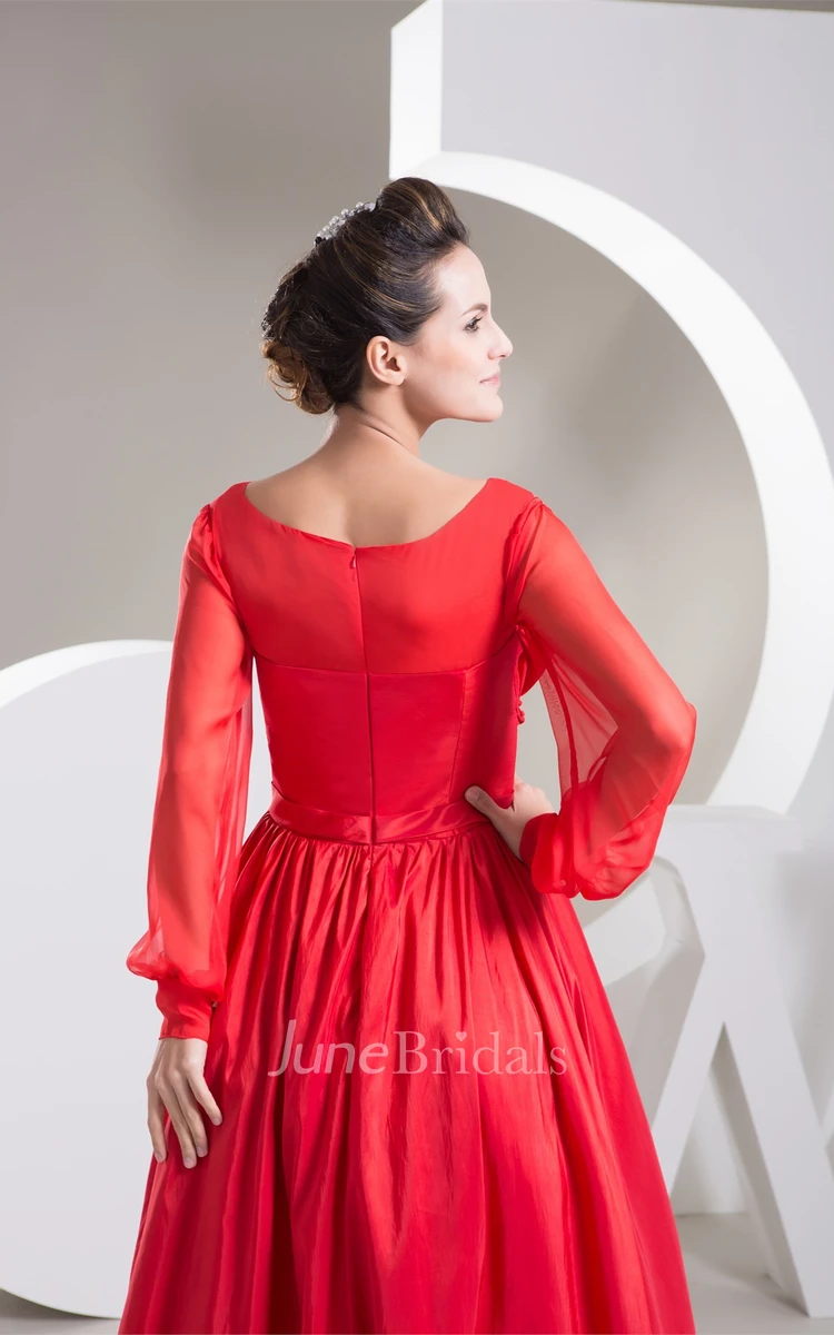 Long-Sleeve Floor-Length A-Line Gown with Bow and Pleats