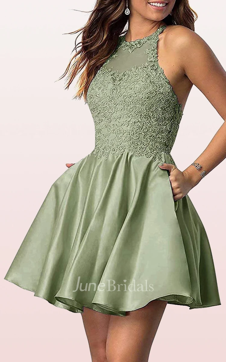 Sexy A Line Satin Lace Jewel Sleeveless Homecoming Dress with Appliques