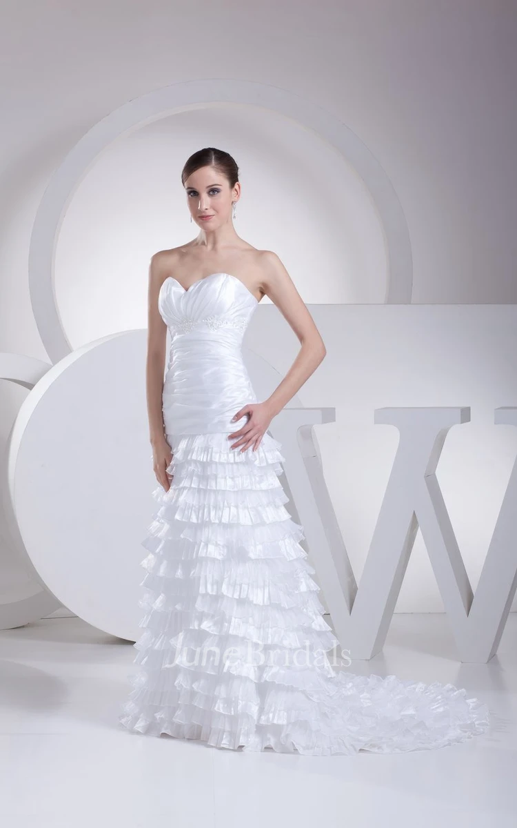 Sweetheart Ruched A-Line Dress With Tier and Crystal Detailing