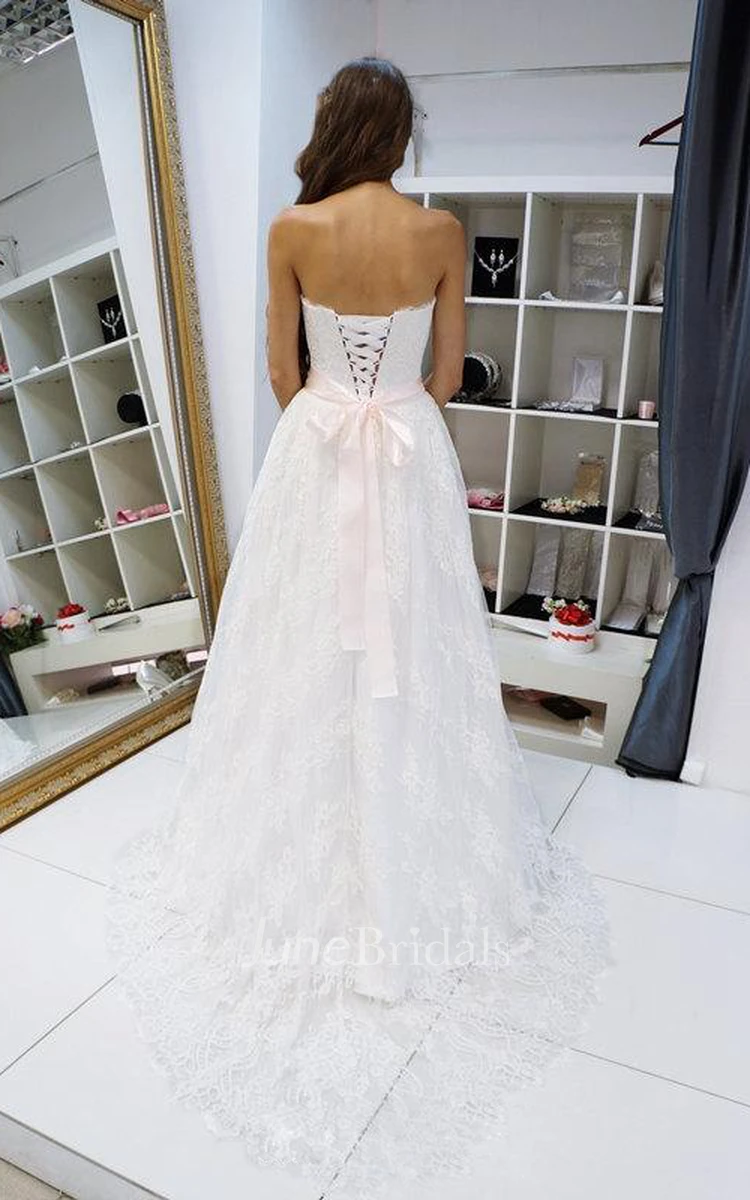 Strapless A-Line Lace Wedding Dress With Beading on Waist