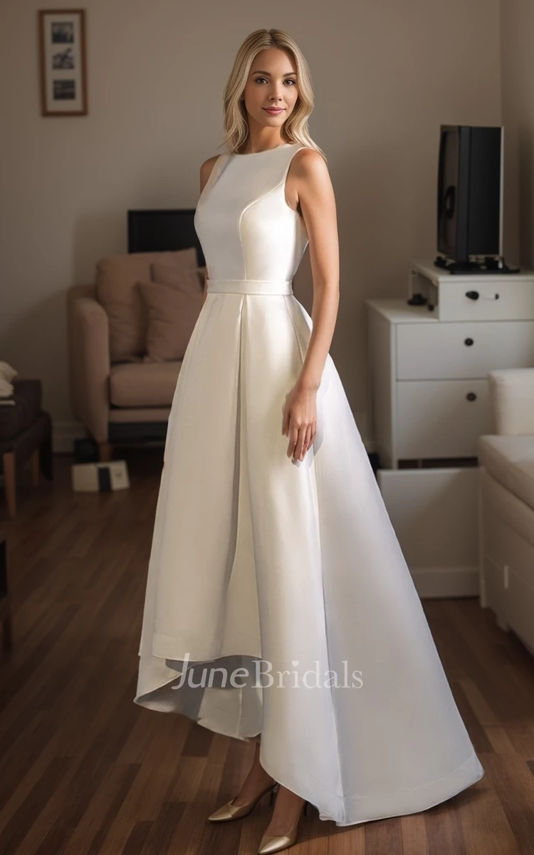 Vintage Simple A-Line Vow Renewal Wedding Dress for Older Brides Modest Boat Neckline High Low Bridal Gown