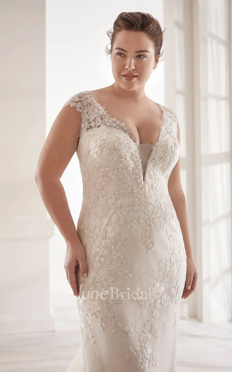 Lace Plunging V-neck Elegant Detachable Plus Size Cap Sleeve Bridal Gown