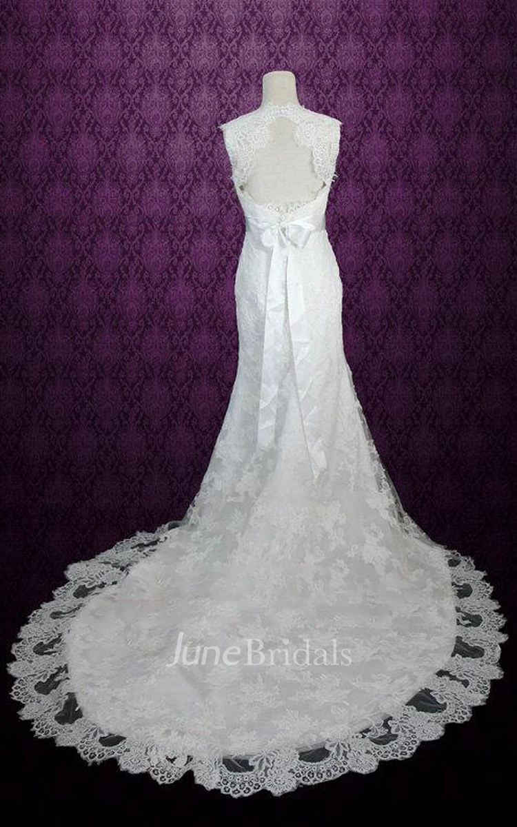 Queen Anne Sleeveless Sheath Lace Wedding Dress With Sash And Keyhole Back