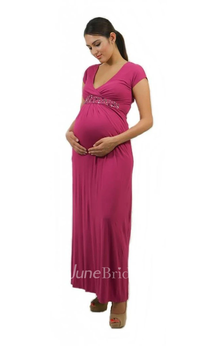 Short Sleeve V-neck Beaded Waistband Long Satin Maternity Dress