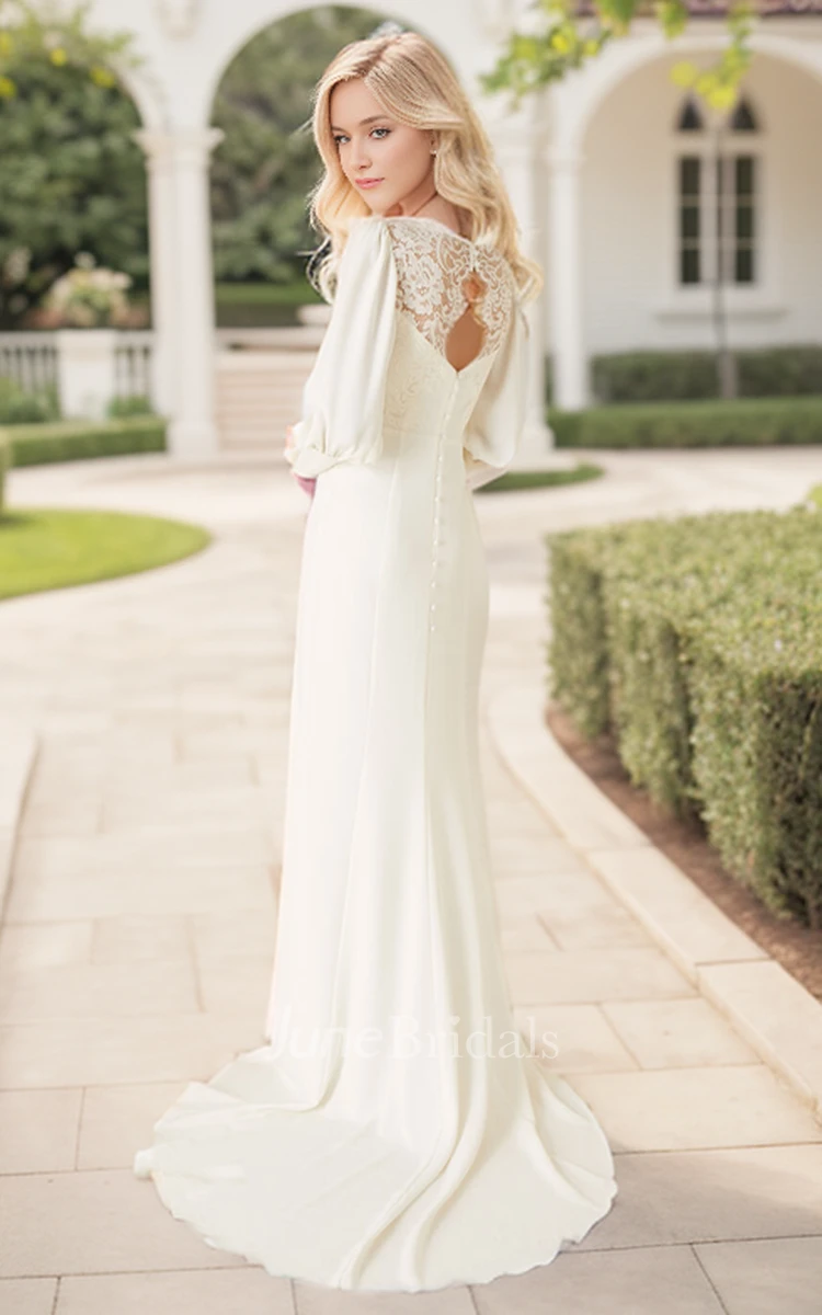 Sheath Long Sleeve V-neck Sweep Train Garden with Lace Keyhole Back Bridal Gown