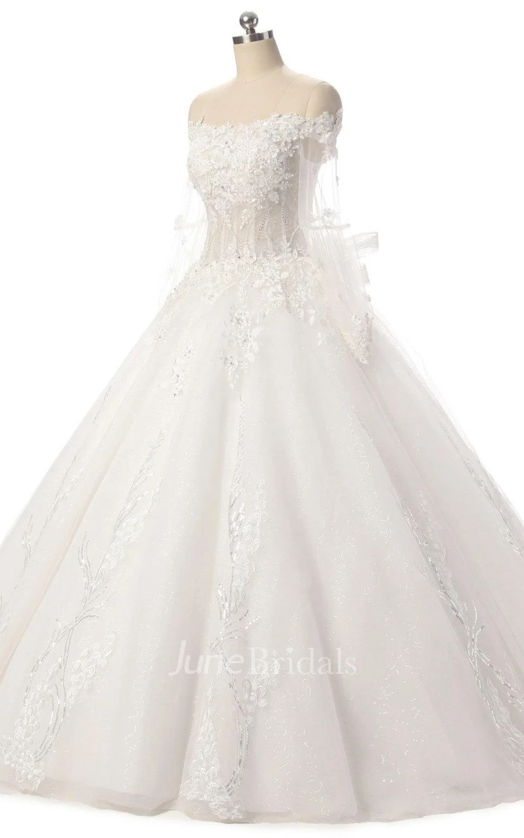 Ball Gown Illusion Long Sleeve Off-The-Shoulder Dress With Appliques