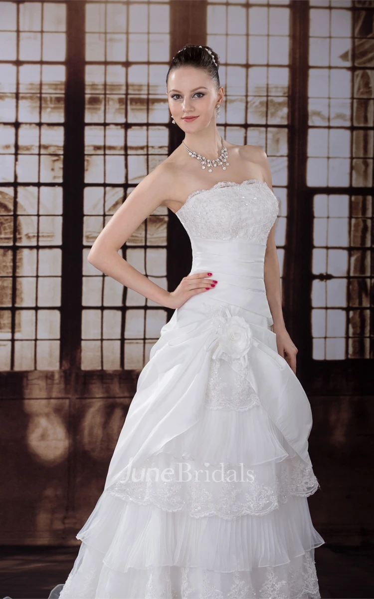 Graceful Beaded Scalloped Edge Strapless A-Line Dress with Tiered Ruffle and Flowers