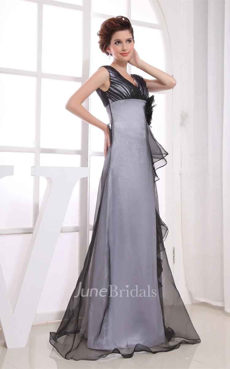 Sleeveless V-Neck A-Line Tulle Ruffles Gown with Flowers