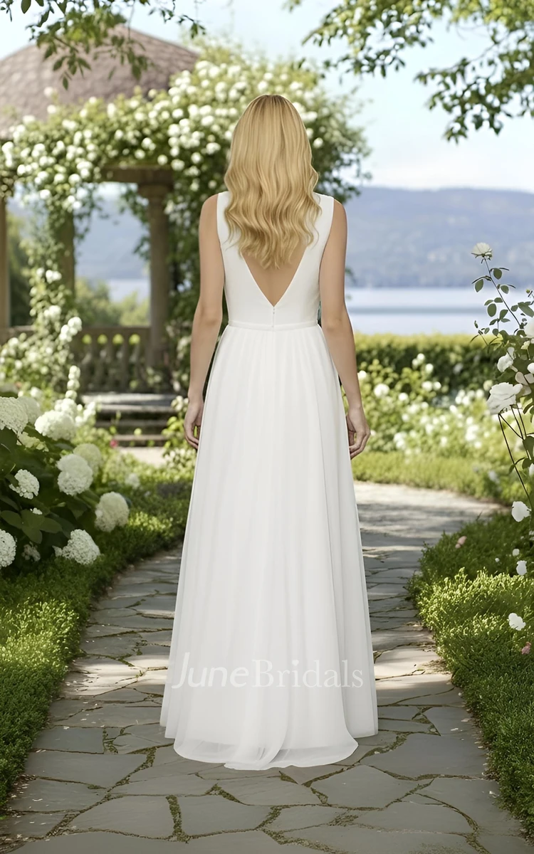 A-Line Lace Wedding Dress V-Neck Sleeveless Chiffon Gown for Garden & Outdoor Wedddings