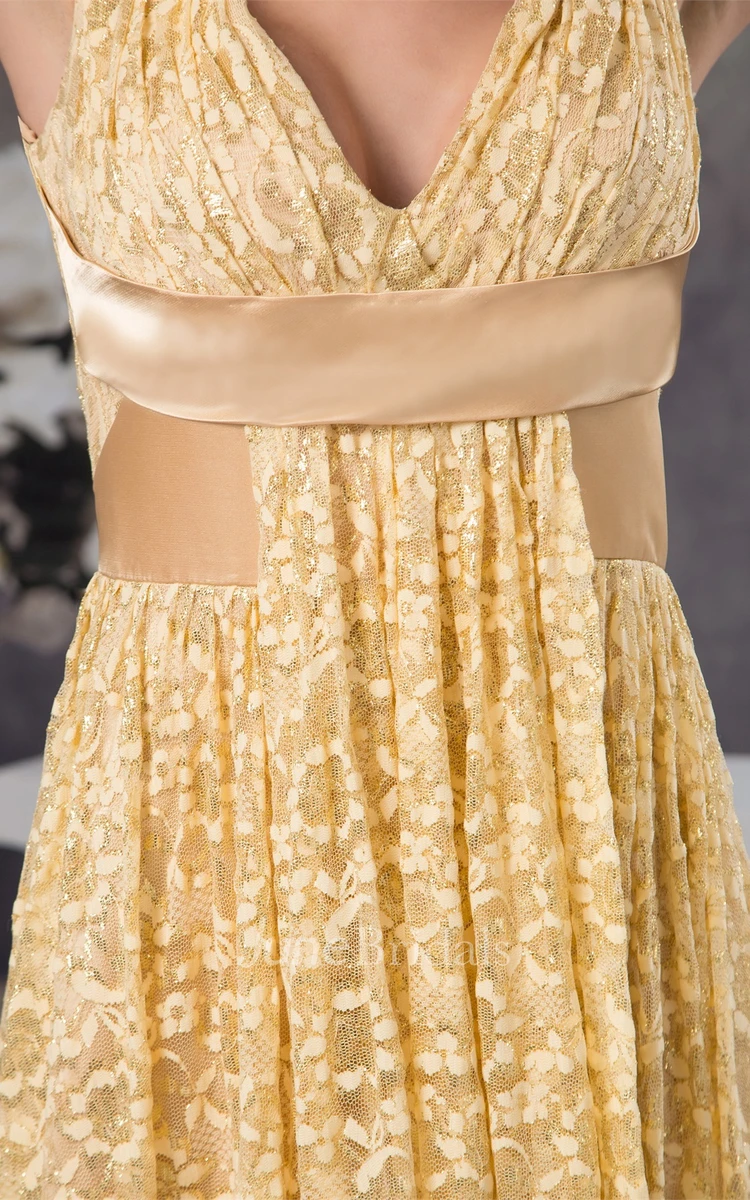 Deep-V-Neck Sleeveless Sheath Dress with Lace and Pleats