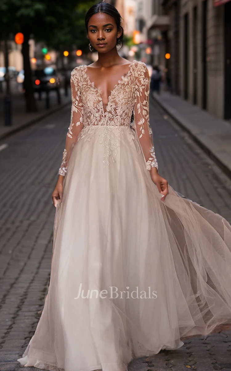 Princess Floral A-Line Bohemian Winter Long Sleeve Maxi Wedding Dress Elopement Sexy V-Neck Low Back Sweep Train Beach Castle Bridal Gown