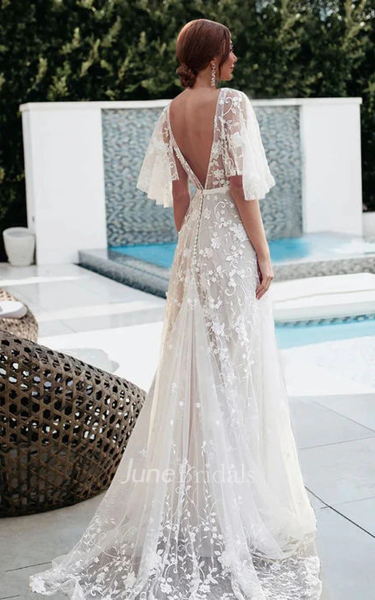 2024 Ethereal Boho Beach Short Bell Sleeve A-Line Wedding Dress Garden Floral Lace Deep-V Back Maxi Bridal Gown
