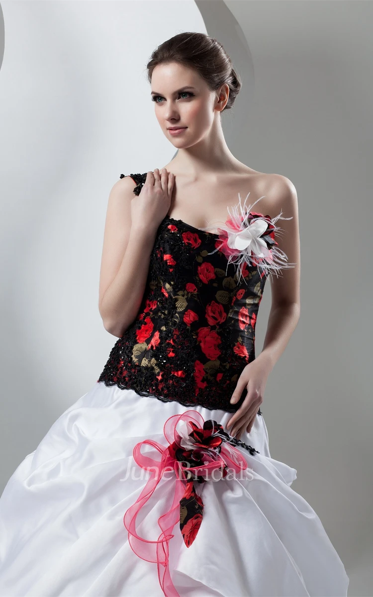 Floral One-Shoulder Pick-Up Gown with Beading and Appliques